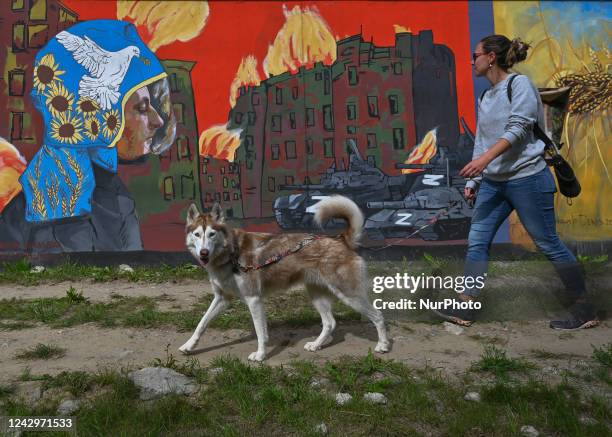 Young woman with a dog walks past a pro-Ukrainian and anti-war mural created by Polish artist Maria Morawska. More than 25 anti-war and pro-Ukrainian...