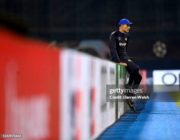 Thomas Tuchel of Chelsea during a training session ahead of their UEFA Champions League group E match against Dinamo Zagreb at Stadion Maksimir on...