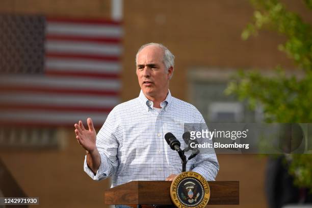 Senator Bob Casey, a Democrat from Pennsylvania, speaks outside the United Steelworkers of America Local Union 2227 hall in West Mifflin,...
