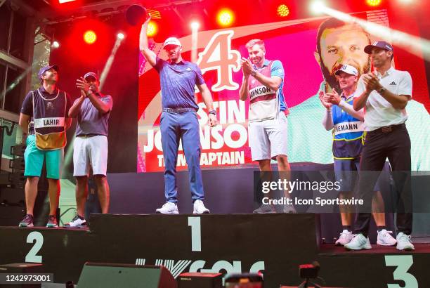 Dustin Johnson, captain of the 4 Aces GC, Joaquin Niemann, captain of the Torque GC, and Anirban Lahiri, of the Crushers GC, pose pictures at the...