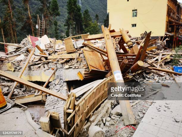 Houses collapse in Luding county, Ganzi prefecture, Sichuan Province, China, Sept 5, 2022. A 6.8-magnitude earthquake struck Luding County, Ganzi...