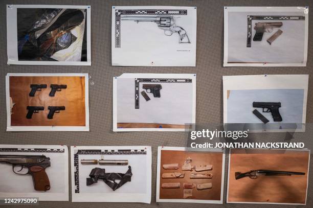 Board with images of ceased weapons is pictured in Rinkeby police station on August 31, 2022 in Rinkeby, Sweden. - Gang shootings have escalated and...