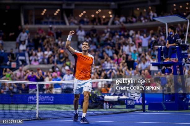 Spain's Carlos Alcaraz reacts during his 2022 US Open Tennis tournament men's singles Round of 16 match against Croatia's Marin Cilic at the USTA...