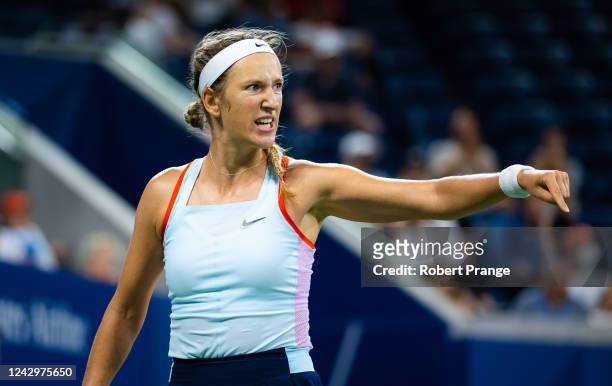 Victoria Azarenka of Belarus reacts frustrated while playing against Karolina Pliskova of the Czech Republic in her fourth round match on Day 8 of...