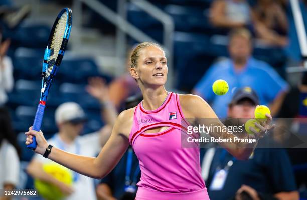 Karolina Pliskova of the Czech Republic celebrates defeating Victoria Azarenka of Belarus in her fourth round match on Day 8 of the US Open Tennis...