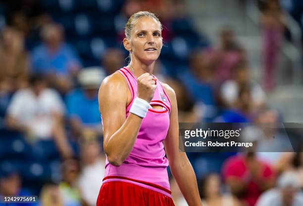 Karolina Pliskova of the Czech Republic celebrates winning a point against Victoria Azarenka of Belarus in her fourth round match on Day 8 of the US...