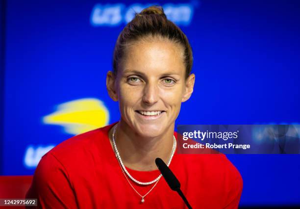 Karolina Pliskova of the Czech Republic talks to the media after defeating Victoria Azarenka of Belarus in her fourth round match on Day 8 of the US...