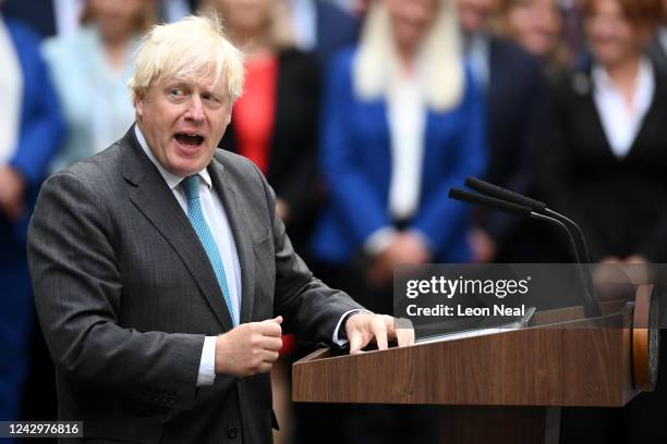 British Prime Minister Boris Johnson delivers a farewell address before his official resignation at Downing Street on September 6, 2022 in London,...