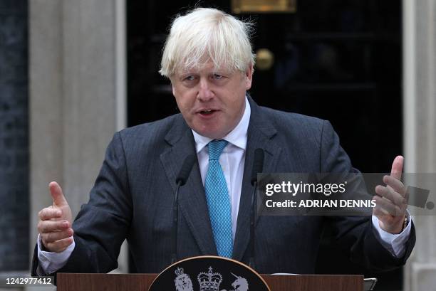 Britain's outgoing Prime Minister Boris Johnson delivers his final speech outside 10 Downing Street in central London on September 6 before heading...