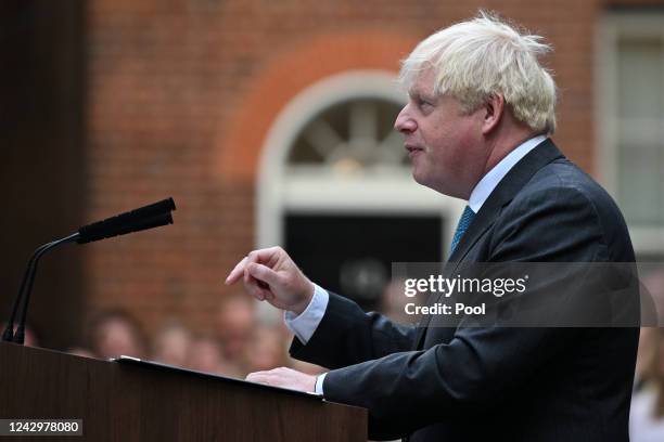 British Prime Minister Boris Johnson delivers a farewell address before his official resignation at Downing Street on September 6, 2022 in London,...