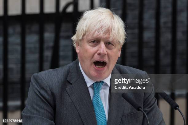 Outgoing British Prime Minister Boris Johnson gives a final speech outside 10 Downing Street before travelling to Balmoral to meet Queen Elizabeth II...