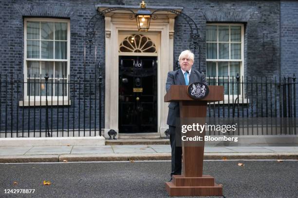 Boris Johnson, outgoing UK prime minister, delivers a speech outside 10 Downing Street, ahead of officially resigning, in London, UK, on Tuesday,...