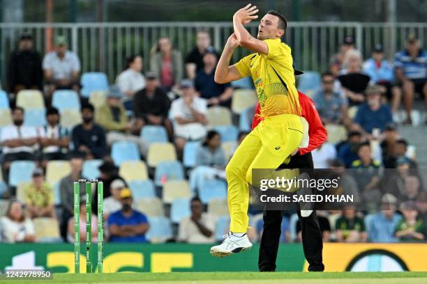 Australia's Josh Hazlewood bowls against New Zealand during the first one-day international cricket match between Australia and New Zealand at the...