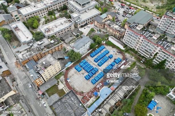 This aerial photo taken on September 6, 2022 shows temporary tents set up for people displaced by a 6.6-magnitude earthquake in Luding county, Ganzi...