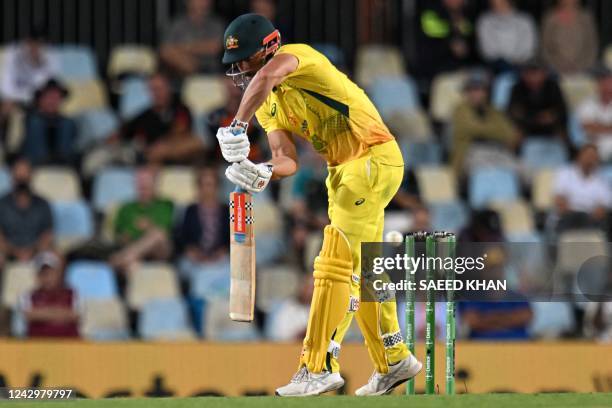 Australia's Marcus Stoinis is bowled during the first one-day international cricket match between Australia and New Zealand at the Cazalys Stadium in...