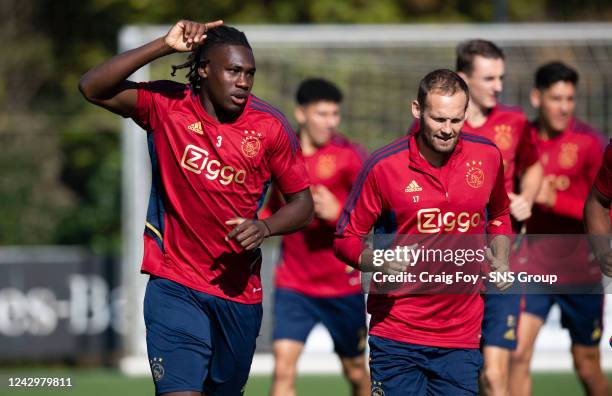 Calvin Bassey and Daley Blind during an Ajax training session at De Toekomst, on September 06 in Amsterdam, Netherlands.