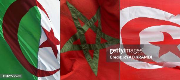 This combination of pictures created on September 6, 2022 shows the national flags of Algeria, Morocco, and Tunisia. A bitter showdown between...