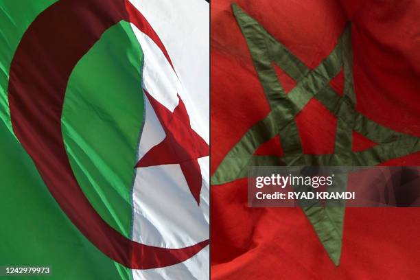 This combination of pictures created on August 27, 2021 shows the national flags of Algeria and Morocco. - A bitter showdown between Morocco and its...