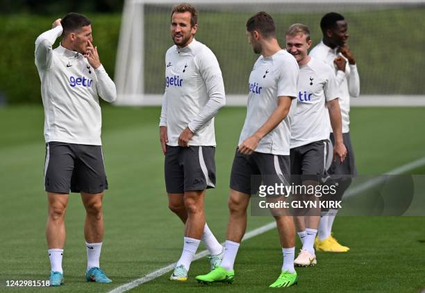 Tottenham Hotspur's English striker Harry Kane takes part in a team training session at Tottenham Hotspur Football Club Training Ground in north...
