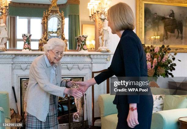 Queen Elizabeth greets newly elected leader of the Conservative party Liz Truss as she arrives at Balmoral Castle for an audience where she will be...