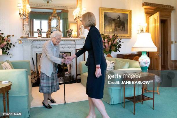 Britain's Queen Elizabeth II and new Conservative Party leader and Britain's Prime Minister-elect Liz Truss meet at Balmoral Castle in Ballater,...
