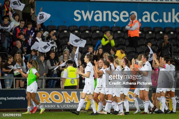 Players of Swansea City applaud the fans during the Genero Adran Premier League match between Swansea City Ladies and Cardiff Met Women on September...