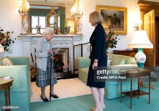 Queen Elizabeth greets newly elected leader of the Conservative party Liz Truss as she arrives at Balmoral Castle for an audience where she will be...
