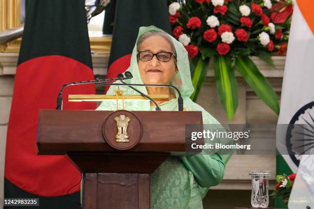 Sheikh Hasina, Bangladesh's prime minister, speaks during a news conference at Hyderabad House in New Delhi, India, on Tuesday, Sept. 6, 2022. Hasina...