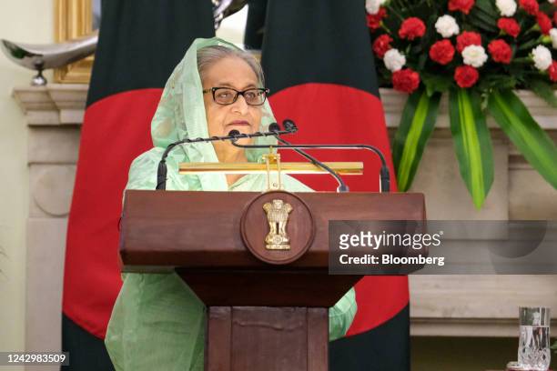 Sheikh Hasina, Bangladesh's prime minister, speaks during a news conference at Hyderabad House in New Delhi, India, on Tuesday, Sept. 6, 2022. Hasina...