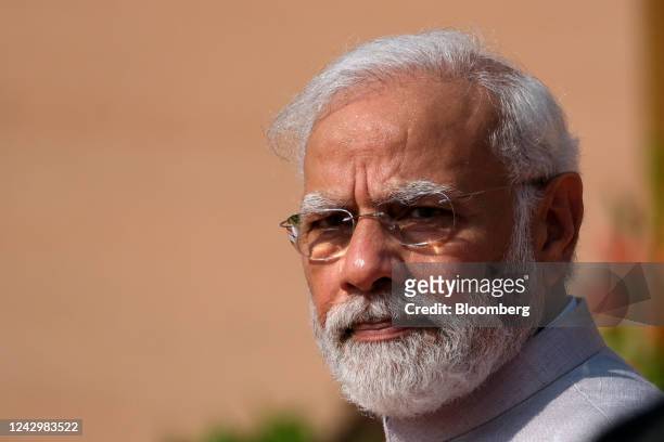 Narendra Modi, India's prime minister, waits for the arrival of Sheikh Hasina, Bangladesh's prime minister, during a ceremonial reception at...