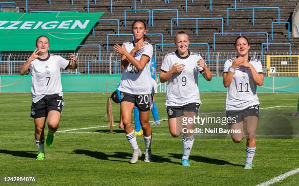 Marina Scholz of Germany , Marlene Dahl Amira of Germany, Leonie Schetter of Germany and Estrella Merino Gonzales of Germany celebrates a goal scored...
