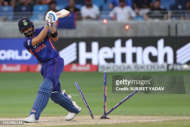India's Virat Kohli is bowled out off Sri Lanka's Dilshan Madushanka during the Asia Cup Twenty20 international cricket Super Four match between...