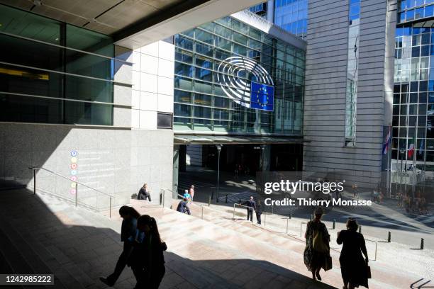 People walk on the stairs outside the European Parliament on September 6, 2022 in Brussels, Belgium. It is up to the European Parliament and the...