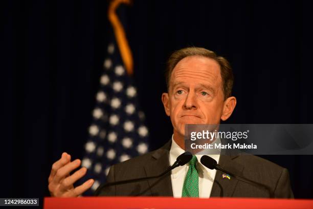 Sen. Pat Toomey holds a press conference with Republican U.S. Senate candidate Dr. Mehmet Oz on September 6, 2022 in Philadelphia, Pennsylvania. In...