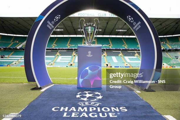 The Champions League Trophy during a UEFA Champions League match between Celtic and Real Madrid at Celtic Park, on September 06 in Glasgow, Scotland.