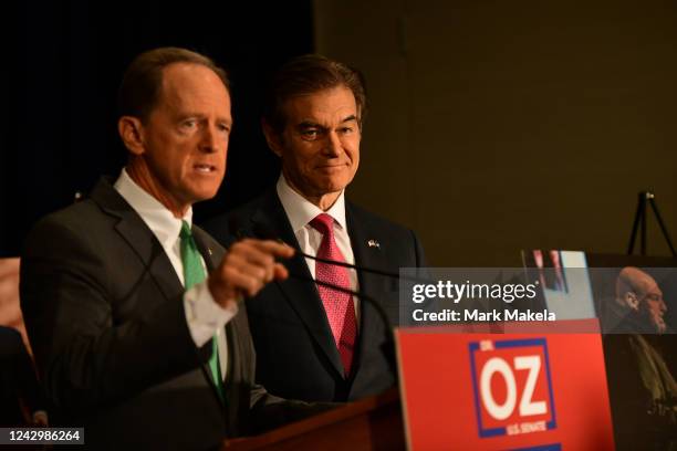 Republican U.S. Senate candidate Dr. Mehmet Oz holds a press conference with U.S. Sen. Pat Toomey on September 6, 2022 in Philadelphia, Pennsylvania....