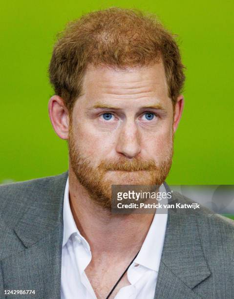 Prince Harry, Duke of Sussex attends a press conference at the Merkur Spiel Arena during the Invictus Games Dusseldorf 2023 - One Year To Go events...