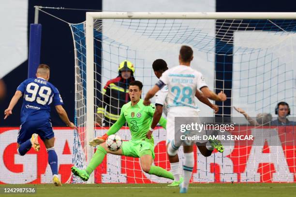 Dinamo Zagreb's Croatian forward Mislav Orsic scores a goal during the UEFA Champions League Group E football match between Dinamo Zagreb and Chelsea...