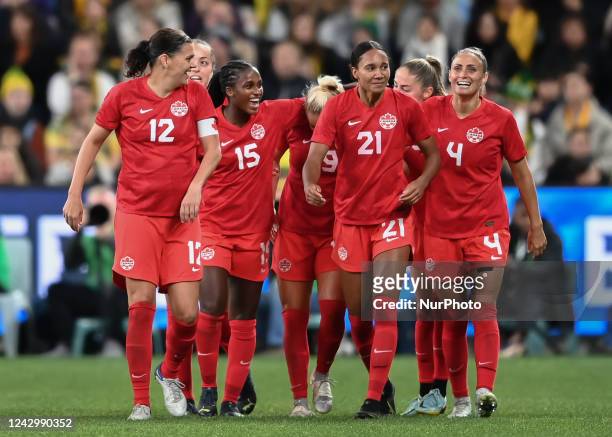Canada team celebrates the win during the International Women's Friendly match between the Australia Matildas and Canada at Allianz Stadium on...