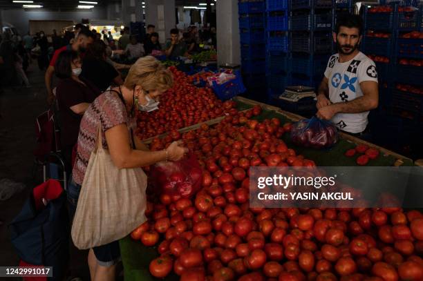 Customers shop for vegetables at a bazaar in Istanbul on September 6 as Turkey's economy is suffering its biggest economic crisis in decades ahead of...