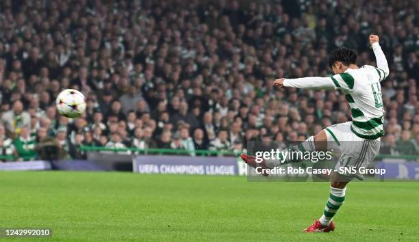 Celtic's Reo Hatate has a shot which is saved during a UEFA Champions League match between Celtic and Real Madrid at Celtic Park, on September 06 in...