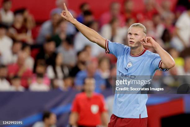 Erling Haaland of Manchester City scores the first goal to make it during the UEFA Champions League match between Sevilla v Manchester City at the...