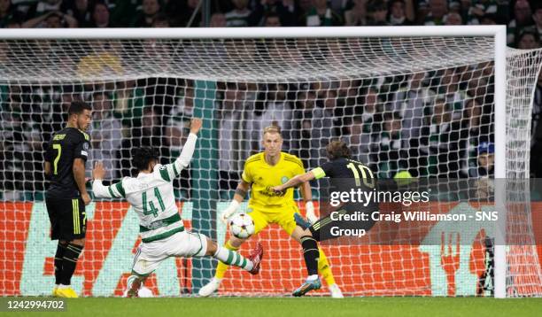 Real Madrids Luka Modric scores to make it 2-0 during a UEFA Champions League match between Celtic and Real Madrid at Celtic Park, on September 06 in...