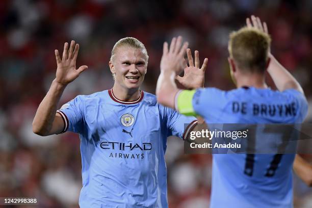 September: Erling Haaland centre-forward of Manchester City and Norway celebrates after scoring his sides first goal during the UEFA Champions League...