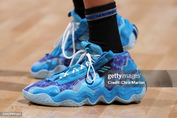 The sneakers worn by Candace Parker of the Chicago Sky before the game against the Connecticut Sun during Round 2 Game 4 of the 2022 WNBA Playoffs on...