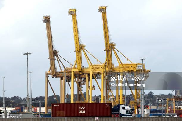 Gantry cranes at the Port Botany container terminal in Sydney, Australia, on Tuesday, Sept. 6, 2022. Australia is scheduled to release trade figures...