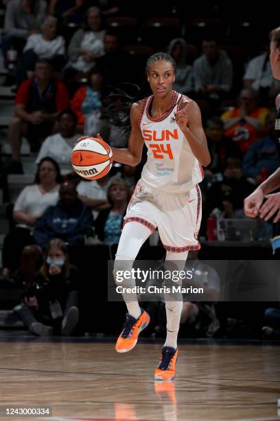 DeWanna Bonner of the Connecticut Sun dribbles the ball during Round 2 Game 4 of the 2022 WNBA Playoffs on September 6, 2022 at Mohegan Sun Arena in...