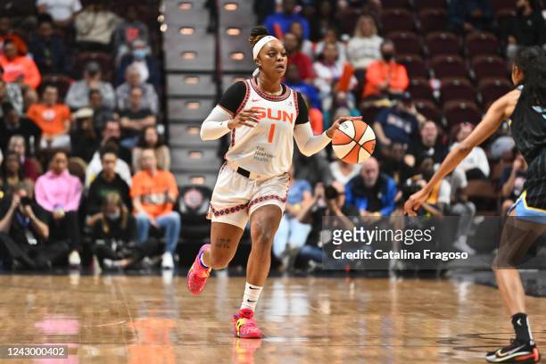 Odyssey Sims of the Connecticut Sun dribbles the ball during the game against the Chicago Sky during Round 2 Game 4 of the 2022 WNBA Playoffs on...