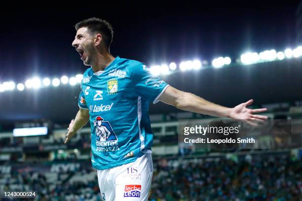 Lucas Di Yorio of Leon celebrates after scoring the first goal of his team during the 13th round match between Leon and FC Juarez as part of the...