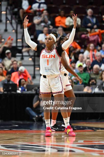 Odyssey Sims of the Connecticut Sun celebrates during the game against the Chicago Sky during Round 2 Game 4 of the 2022 WNBA Playoffs on September...